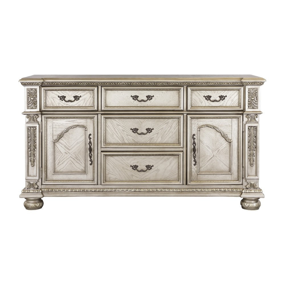 Lumi 66 Inch Buffet Console 5 Drawers 2 Cabinets Platinum Gold Wood By Casagear Home BM314586