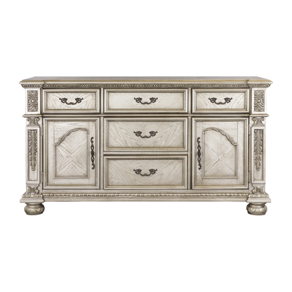 Lumi 66 Inch Buffet Console 5 Drawers 2 Cabinets Platinum Gold Wood By Casagear Home BM314586