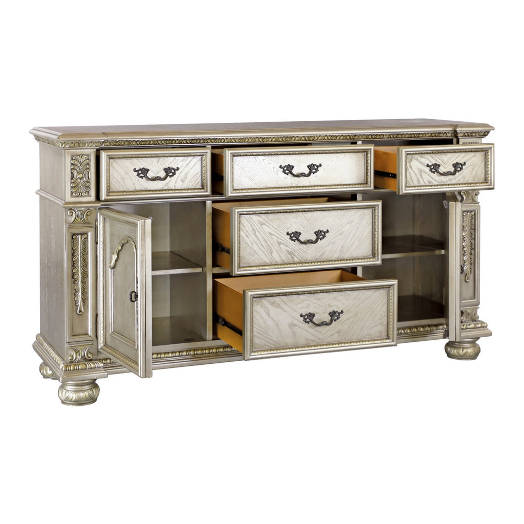 Lumi 66 Inch Buffet Console 5 Drawers 2 Cabinets Platinum Gold Wood By Casagear Home BM314586