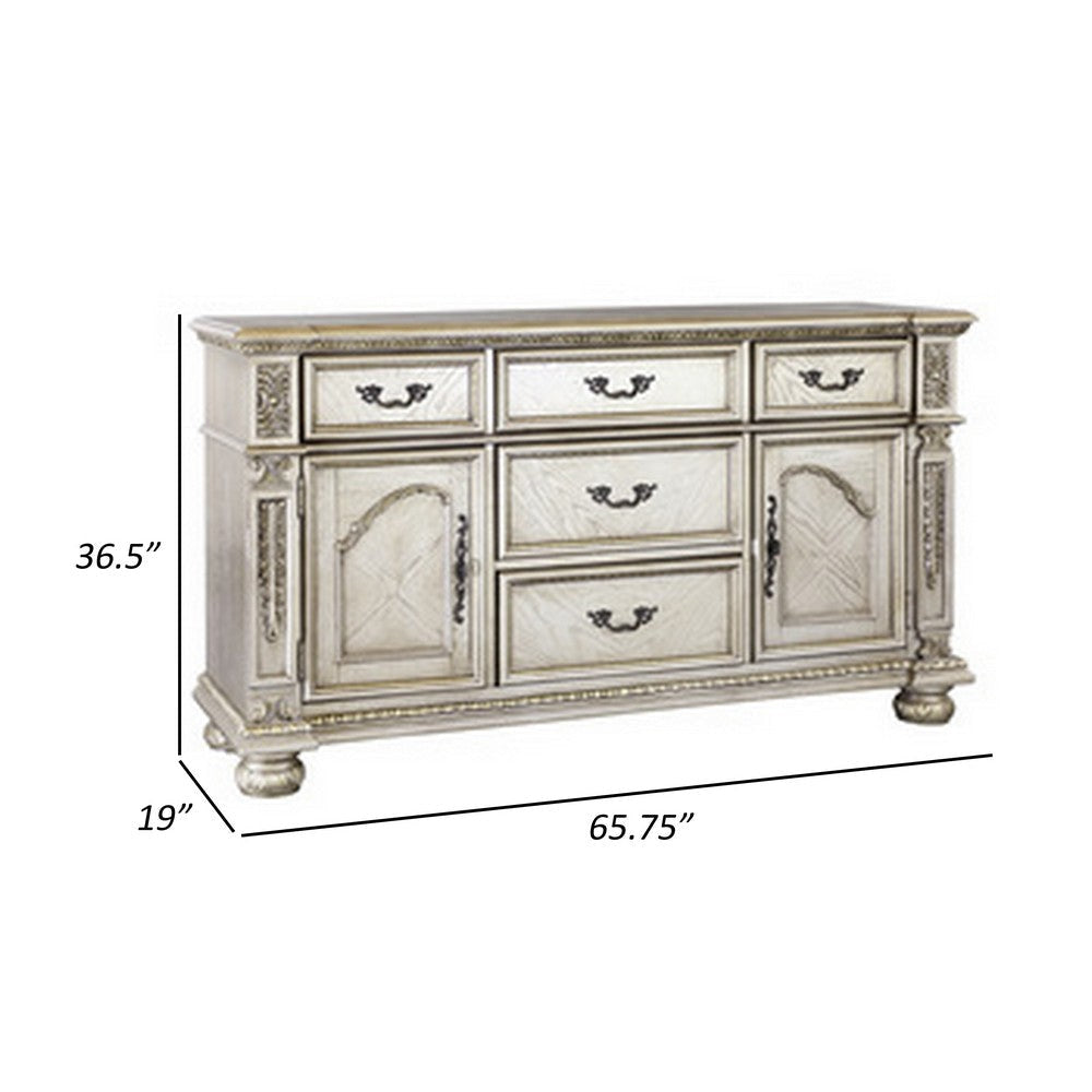 Lumi 66 Inch Buffet Console 5 Drawers 2 Cabinets Platinum Gold Wood By Casagear Home BM314586