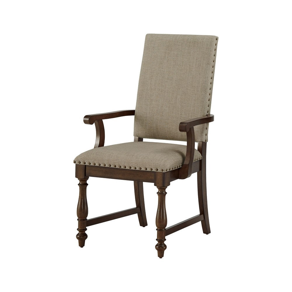 Tom 26 Inch Dining Armchair Beige Polyester Nailheads Brown Wood Set of 2 By Casagear Home BM314588