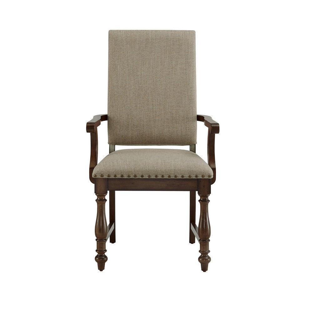 Tom 26 Inch Dining Armchair Beige Polyester Nailheads Brown Wood Set of 2 By Casagear Home BM314588