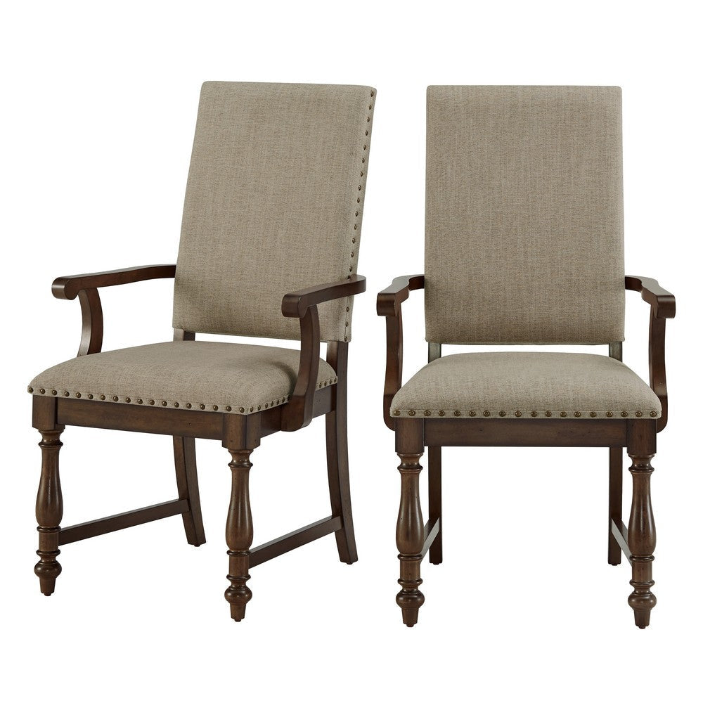 Tom 26 Inch Dining Armchair Beige Polyester Nailheads Brown Wood Set of 2 By Casagear Home BM314588