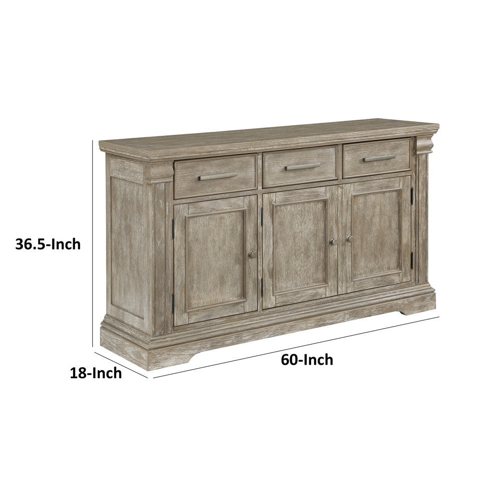 Ruth 60 Inch Sideboard Server Buffet 3 Drawer 3 Cabinet Rustic Gray Wood By Casagear Home BM314595