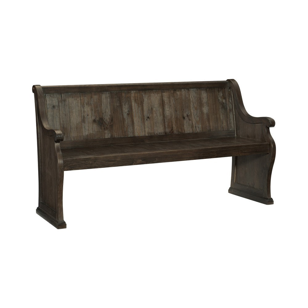 Vill 67 Inch Bench Curved Arms and Backrest Brown Solid Wood Frame By Casagear Home BM314604