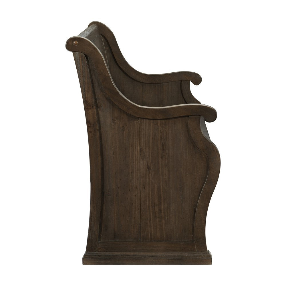 Vill 67 Inch Bench Curved Arms and Backrest Brown Solid Wood Frame By Casagear Home BM314604