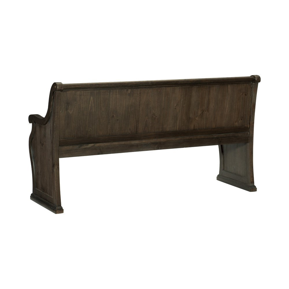 Vill 67 Inch Bench Curved Arms and Backrest Brown Solid Wood Frame By Casagear Home BM314604