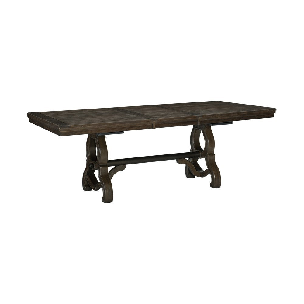 Vill 68-86 Inch Dining Table, Extension Leaf, Metal Braces Brown Solid Wood By Casagear Home