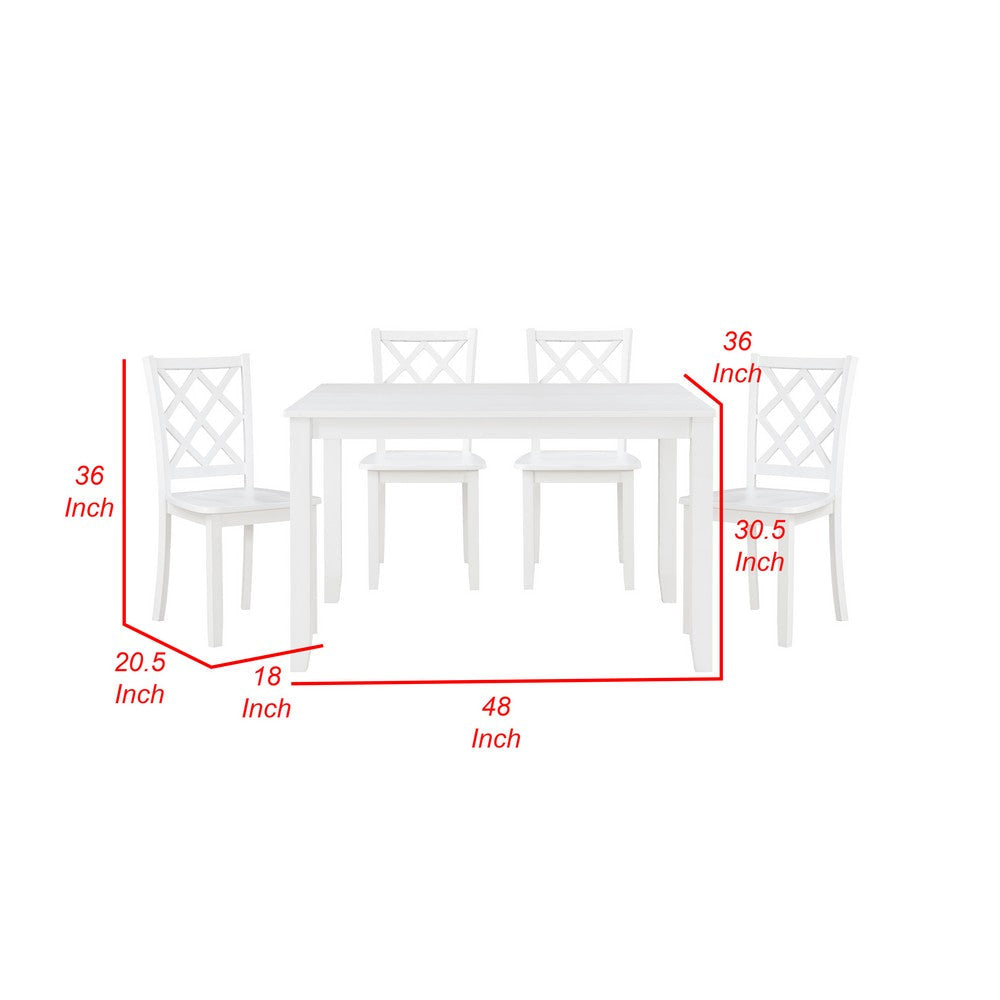 Oria 5 Piece Dining Set with Table, 4 Lattice Back Chairs, White Solid Wood By Casagear Home