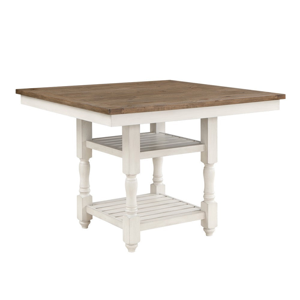 Will 37 Inch Counter Height Table, Square Top, 2 Shelves, Brown, White Wood By Casagear Home