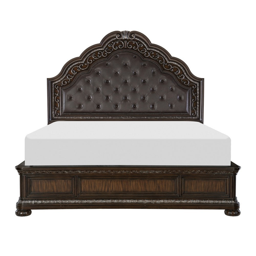 Joni Queen Bed Tufted Faux Leather Upholstery Carved Cherry Brown Wood By Casagear Home BM314631