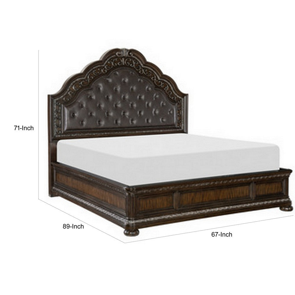 Joni Queen Bed Tufted Faux Leather Upholstery Carved Cherry Brown Wood By Casagear Home BM314631