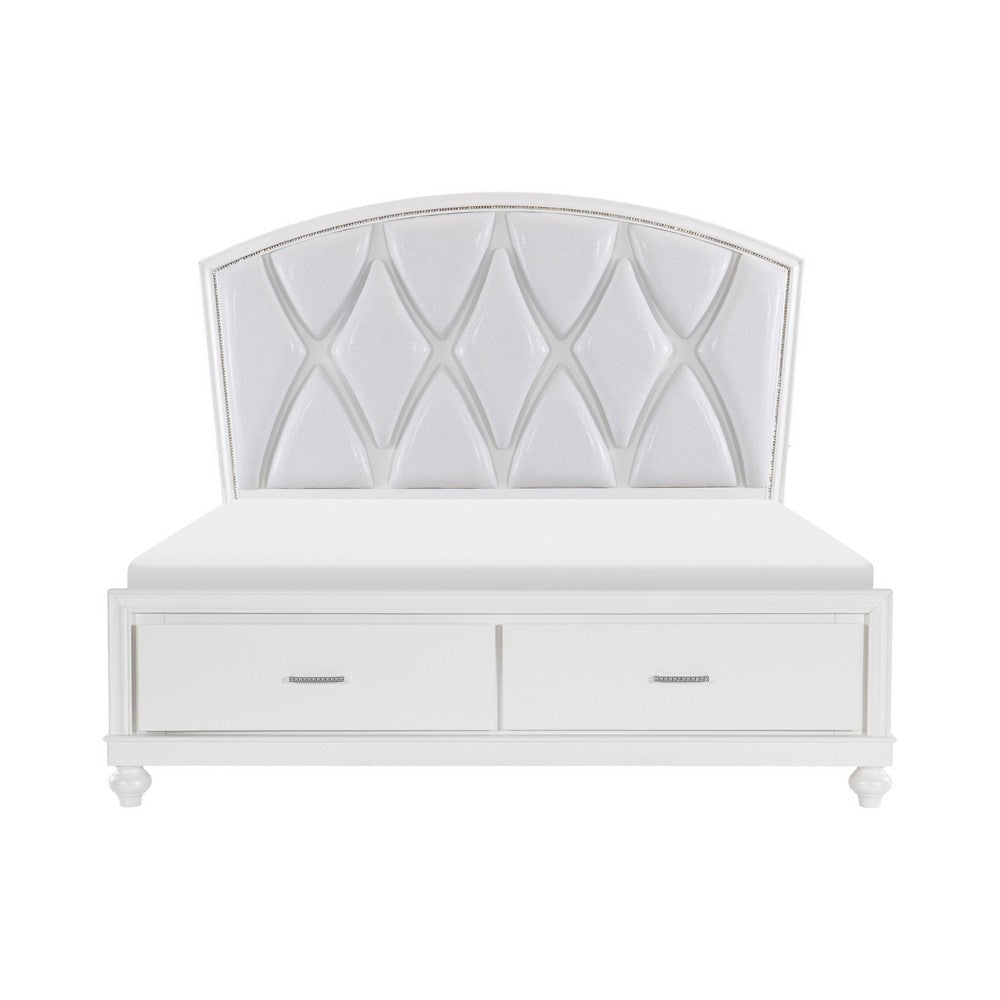 Russ Queen Platform Bed LED Accents Silver Faux Leather Upholstery White By Casagear Home BM314636