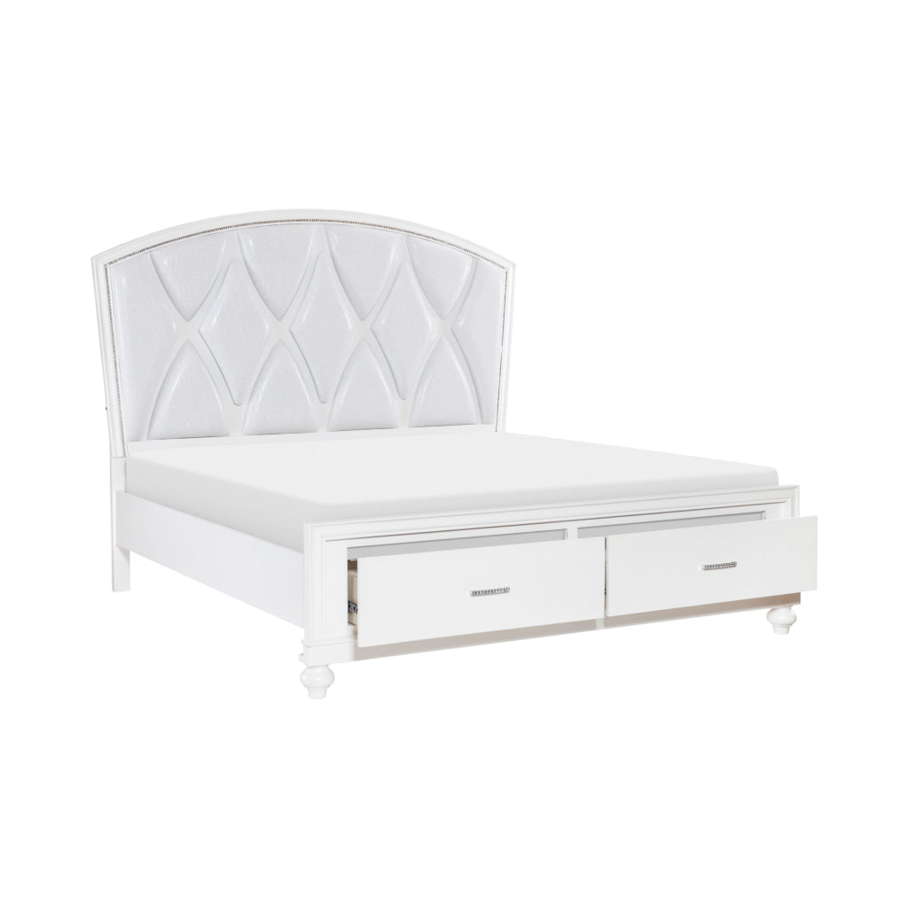 Russ Queen Platform Bed LED Accents Silver Faux Leather Upholstery White By Casagear Home BM314636