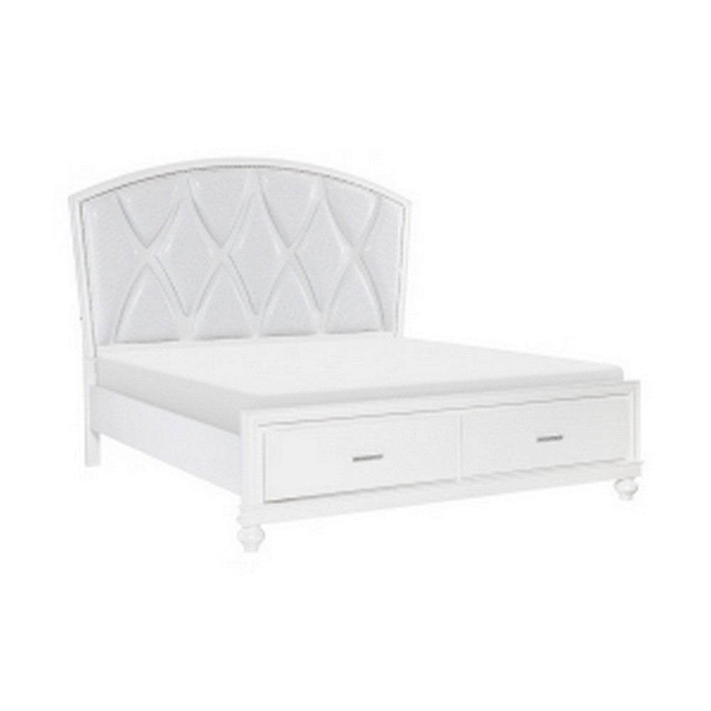 Russ Queen Platform Bed, LED Accents, Silver Faux Leather Upholstery, White By Casagear Home