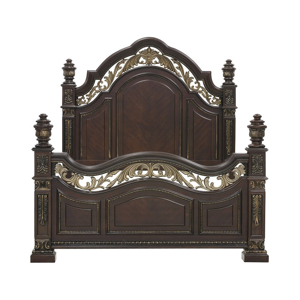 Lumi Queen Bed Classical Metal Scrollwork Dark Cherry Brown and Gold By Casagear Home BM314641