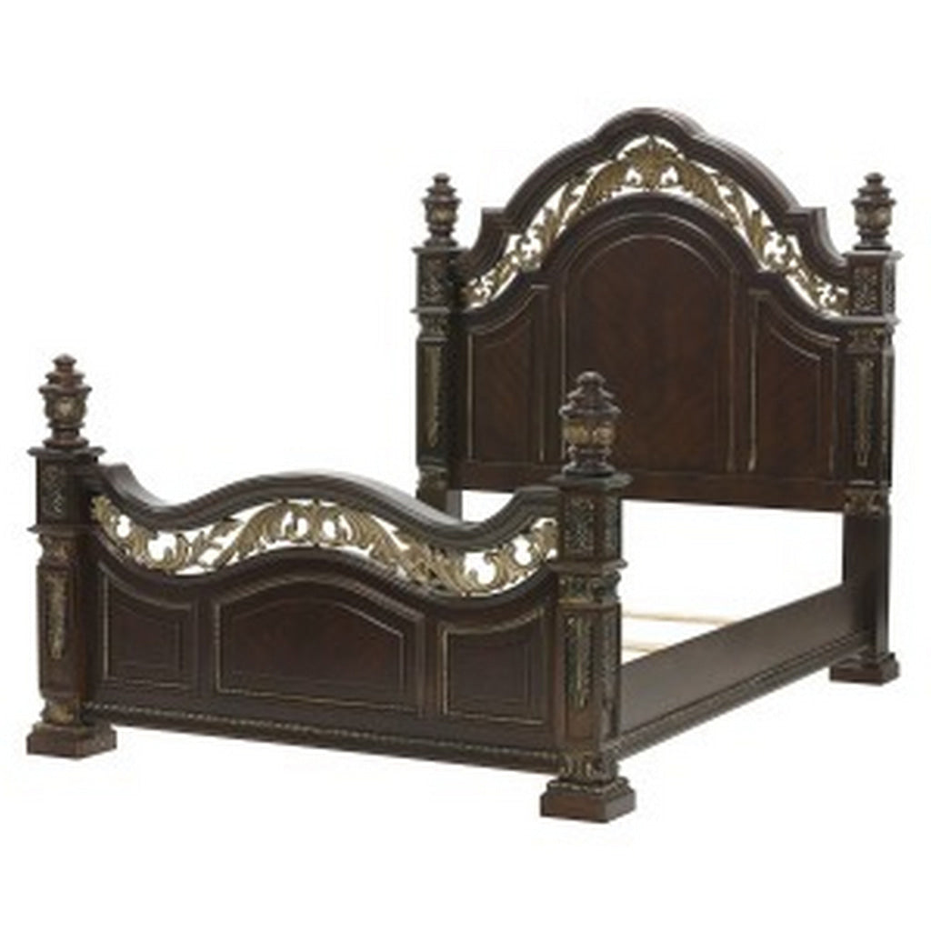 Lumi Queen Bed Classical Metal Scrollwork Dark Cherry Brown and Gold By Casagear Home BM314641