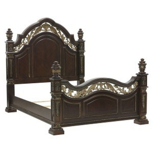 Lumi Queen Bed, Classical Metal Scrollwork, Dark Cherry Brown and Gold By Casagear Home