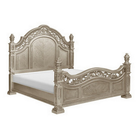 Lumi Queen Bed, Classical Metal Scrollwork, Glossy Platinum and Gold Tones By Casagear Home