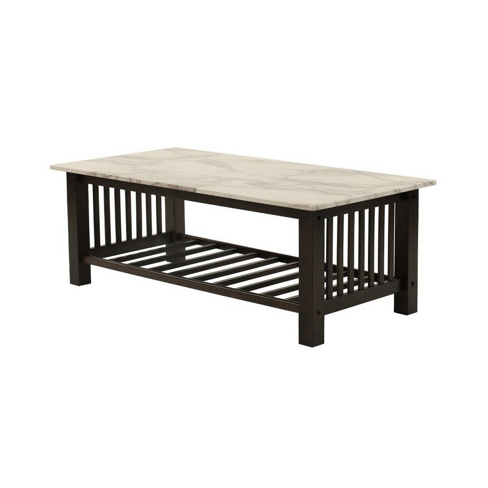 Moen 47 Inch Coffee Table White Faux Marble Top Bottom Shelf Black Wood By Casagear Home BM314643