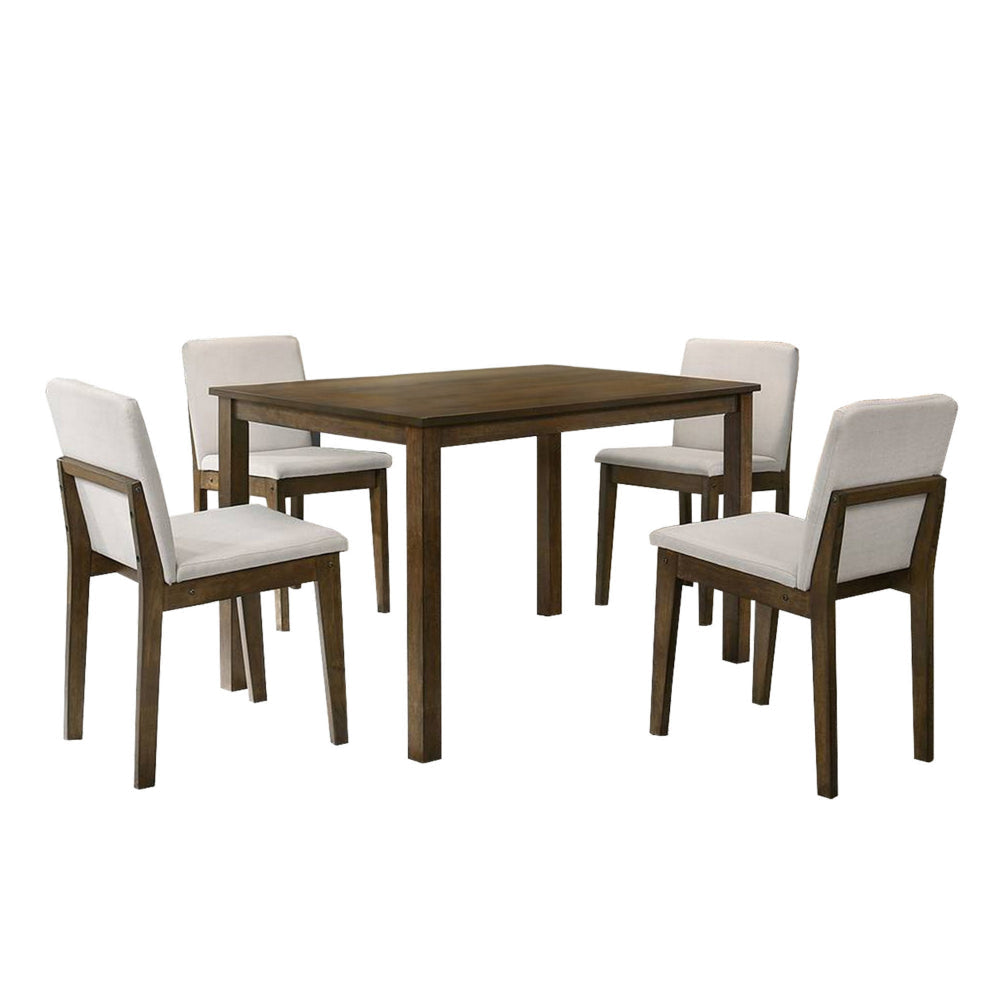 Zory 5pc Dining Table Set, 4 Padded Chairs, Beige Burlap, Brown Wood By Casagear Home