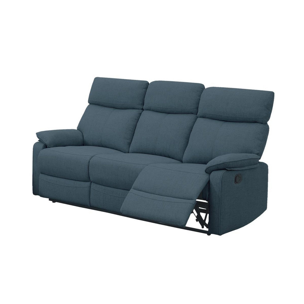 Fery 74 Inch Manual Recliner Sofa 3 Seater Blue Burlap Upholstery Wood By Casagear Home BM314648