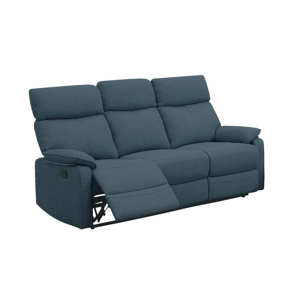 Fery 74 Inch Manual Recliner Sofa, 3 Seater, Blue Burlap Upholstery, Wood By Casagear Home