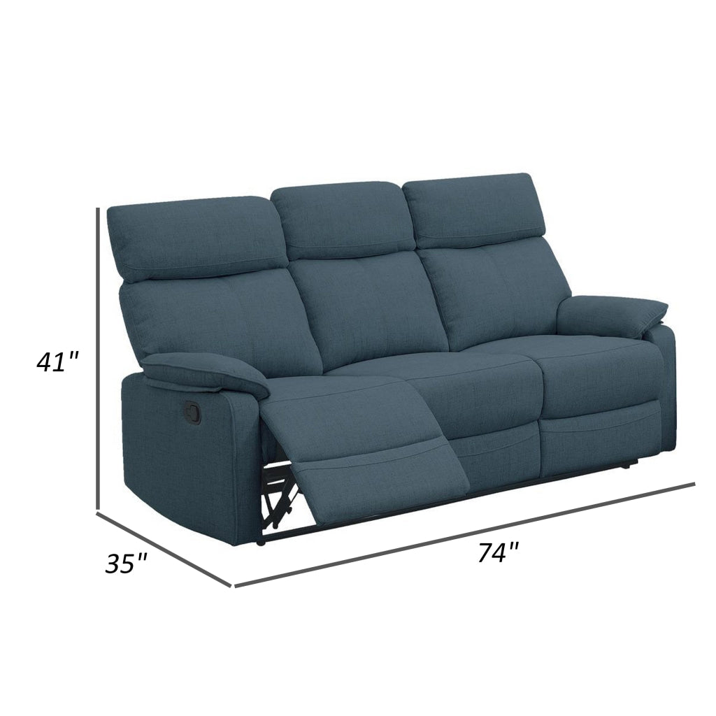 Fery 74 Inch Manual Recliner Sofa 3 Seater Blue Burlap Upholstery Wood By Casagear Home BM314648