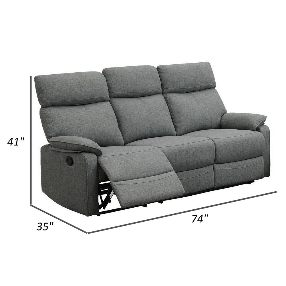 Fery 74 Inch Manual Recliner Sofa 3 Seater Gray Burlap Upholstery Wood By Casagear Home BM314650