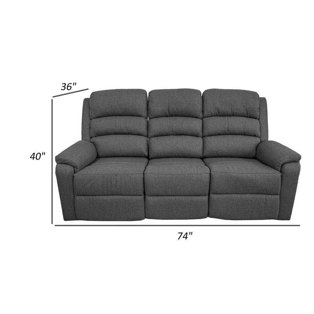 Fery 74 Inch Manual Recliner Sofa 3 Seater Gray Burlap Upholstery Wood By Casagear Home BM314650