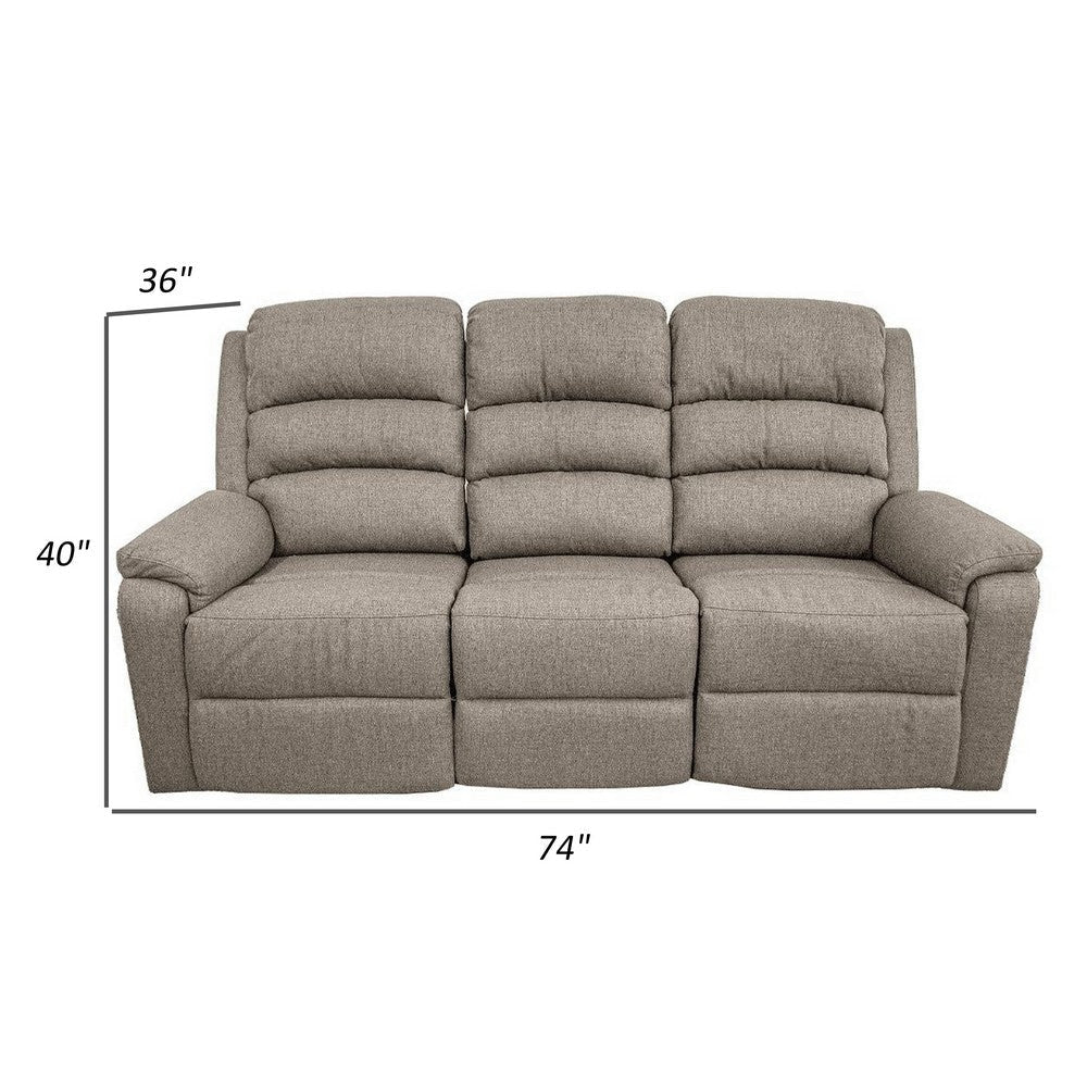 Fery 74 Inch Manual Recliner Sofa 3 Seater Brown Burlap Upholstery Wood By Casagear Home BM314654