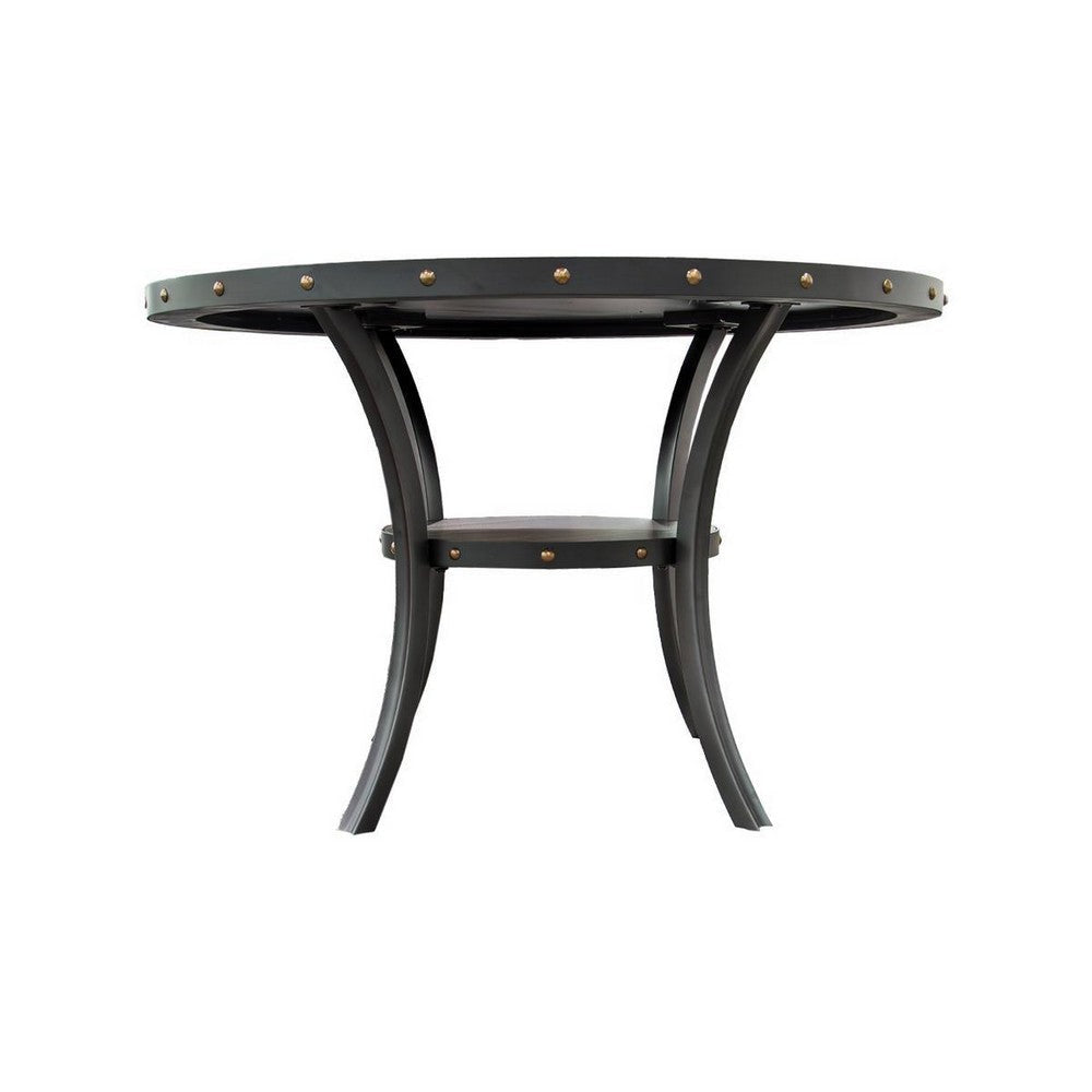 Sie 48 Inch Dining Table, Round Nailhead Trim Top with Shelf, Black Wood By Casagear Home