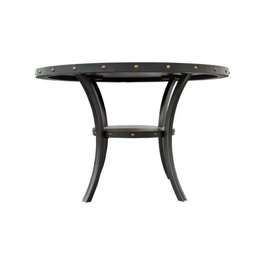 Sie 48 Inch Dining Table, Round Nailhead Trim Top with Shelf, Black Wood By Casagear Home