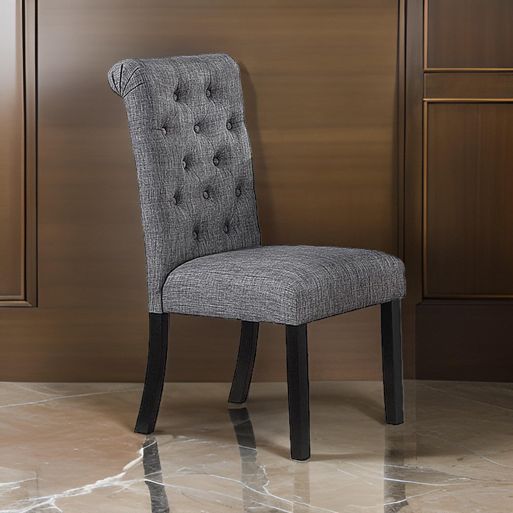 Jie 25 Inch Dining Chair, Tufted Gray Upholstery, Rolled Top, Black Wood By Casagear Home