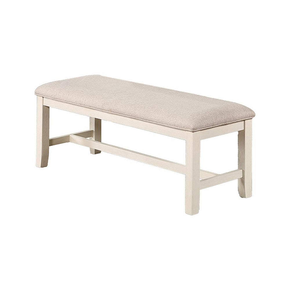 Sam 50 Inch Dining Bench Farmhouse Style Beige Upholstery White Wood By Casagear Home BM314665