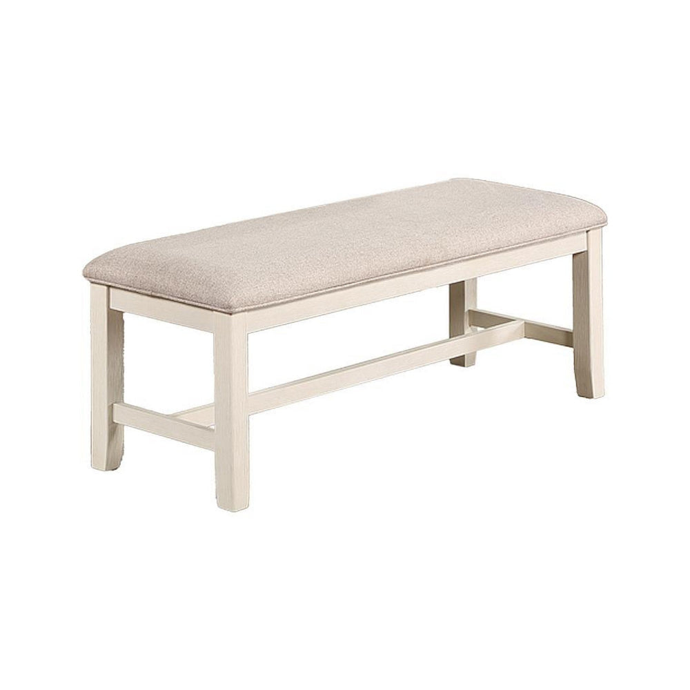 Sam 50 Inch Dining Bench Farmhouse Style Beige Upholstery White Wood By Casagear Home BM314665