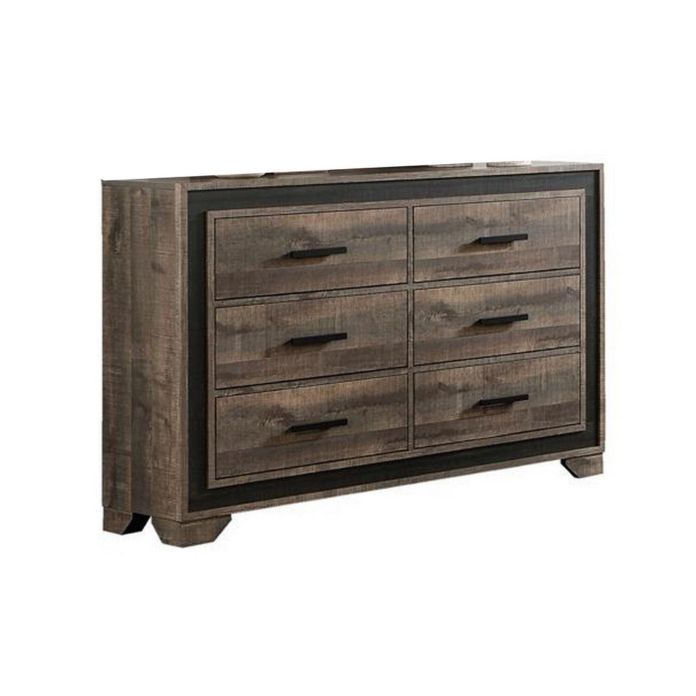 Nny 58 Inch Wide Dresser with 6 Drawers, Black Handles, Brown Wood Finish By Casagear Home