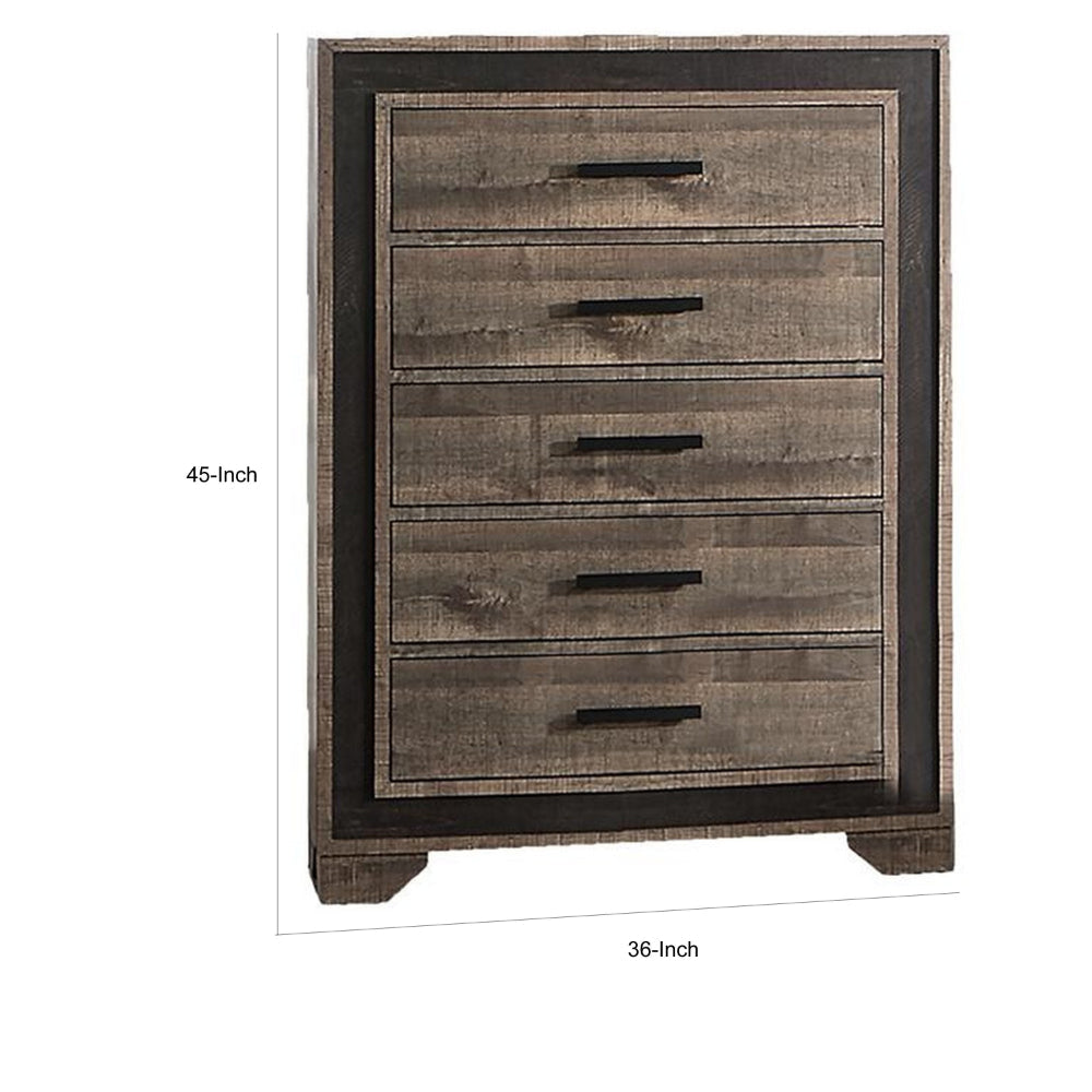 Nny 45 Inch Tall Dresser Chest with 5 Drawers Black Handles Brown Wood By Casagear Home BM314669