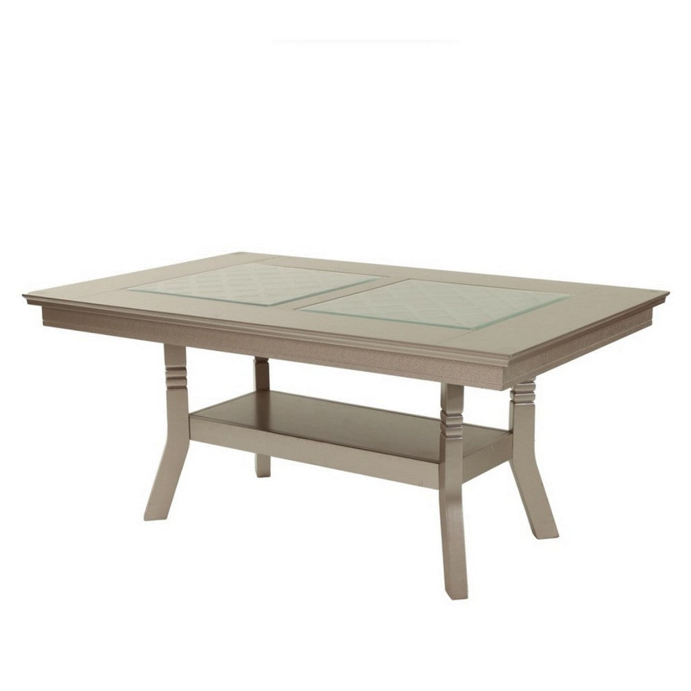 Teme 66 Inch Dining Table Glass Top Lower Shelf Beige Rubberwood By Casagear Home BM314676