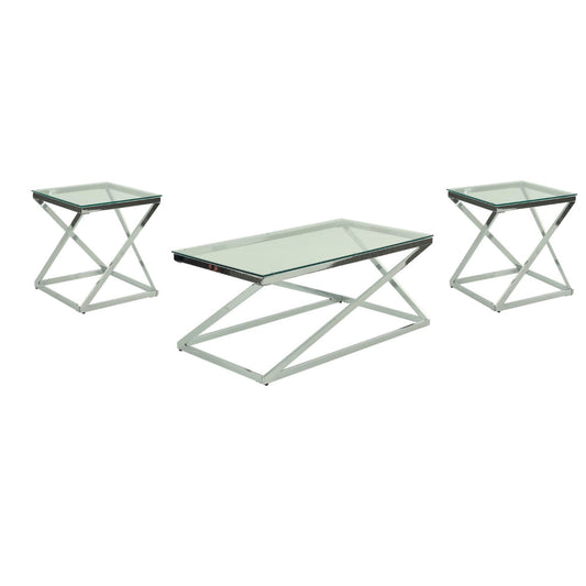 Gen Coffee and End Table Set of 3, Tempered Glass Top, Chrome Metal Base By Casagear Home