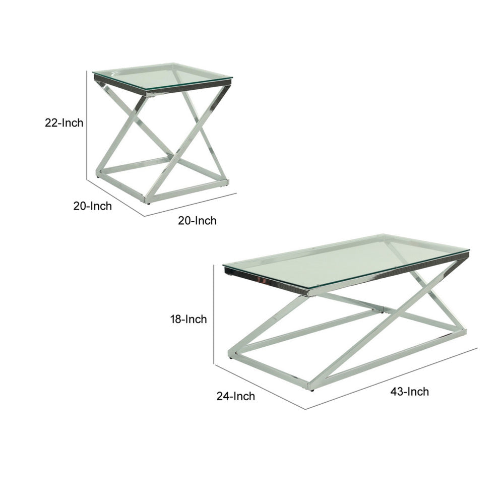 Gen Coffee and End Table Set of 3 Tempered Glass Top Chrome Metal Base By Casagear Home BM314677