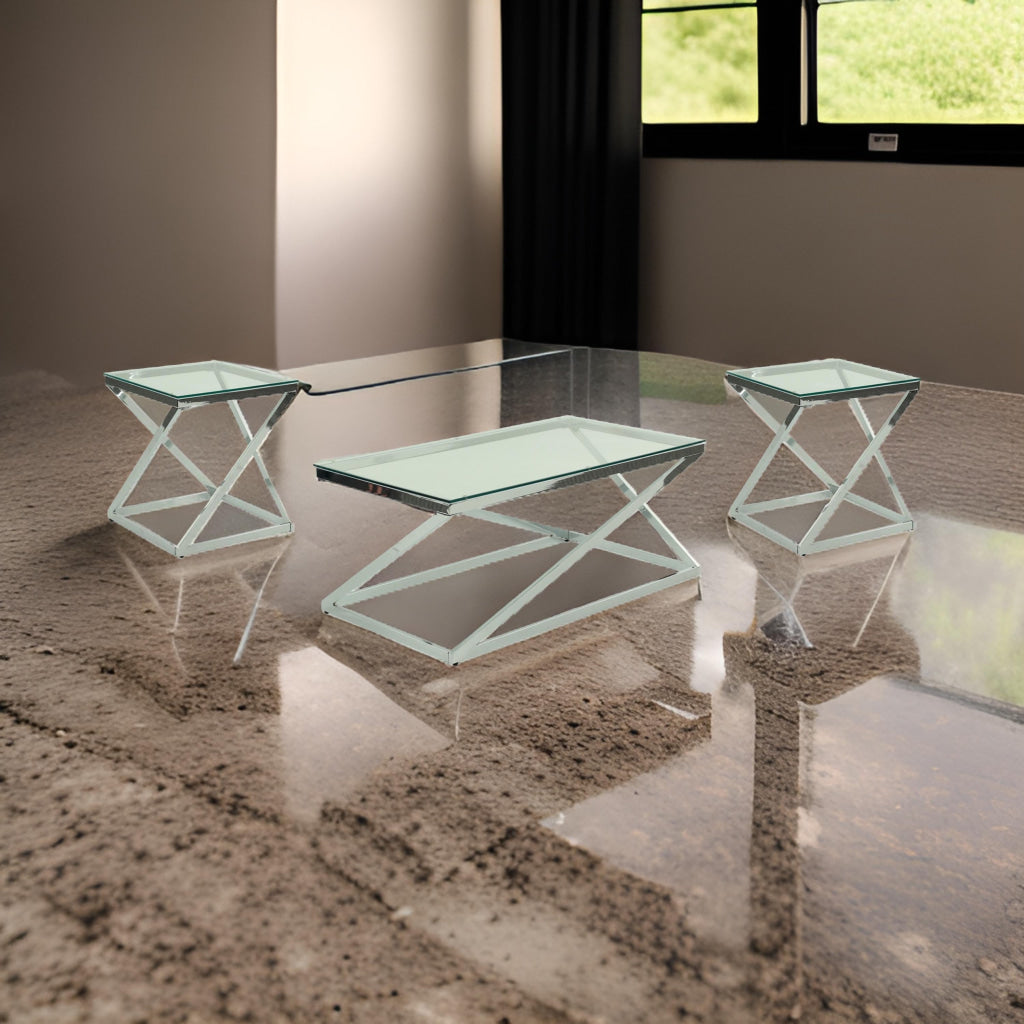 Gen Coffee and End Table Set of 3, Tempered Glass Top, Chrome Metal Base By Casagear Home