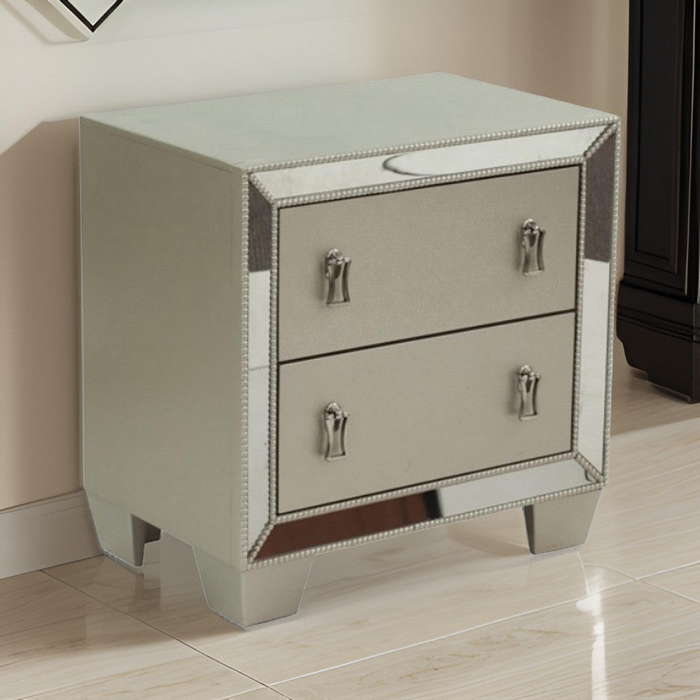 Dem 26 Inch Nightstand with 2 Drawers, Platinum Trim, Silver Wood Finish By Casagear Home