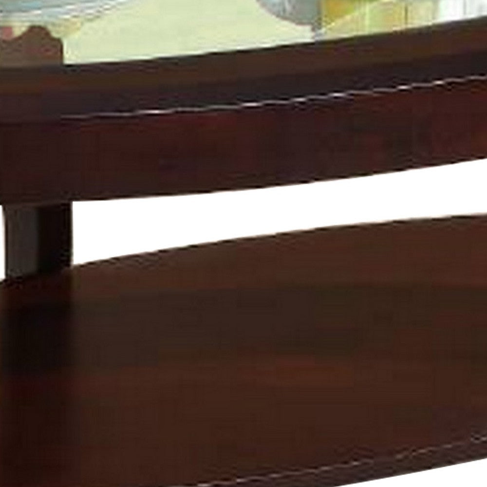 Lyn 53 Inch Coffee Table with Oval Glass Top and Lower Shelf Brown Wood By Casagear Home BM314688