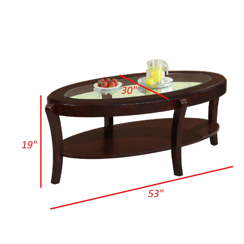 Lyn 53 Inch Coffee Table with Oval Glass Top and Lower Shelf Brown Wood By Casagear Home BM314688