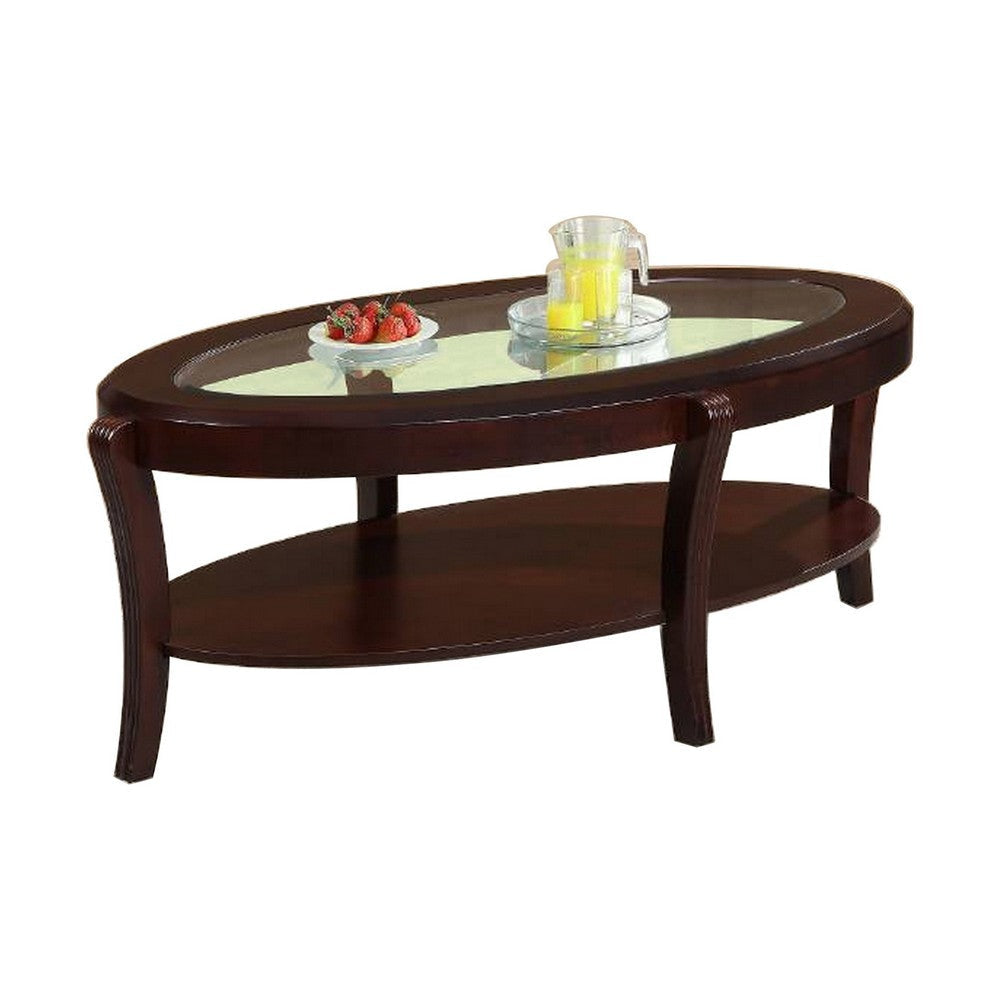 Lyn 53 Inch Coffee Table with Oval Glass Top and Lower Shelf Brown Wood By Casagear Home BM314688