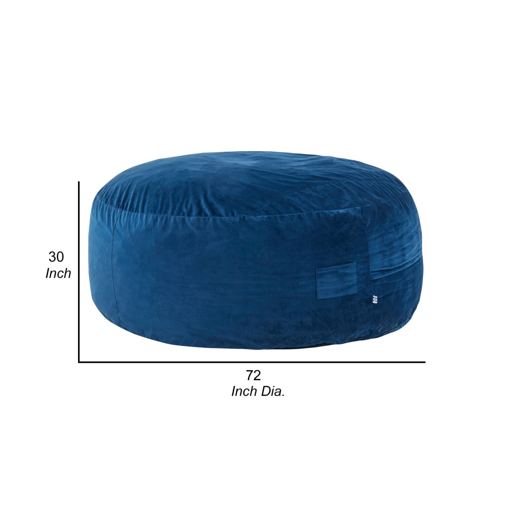 Olio 70 Inch Bean Bag Round Foam Filling Velvet Upholstery Navy Blue By Casagear Home BM314704