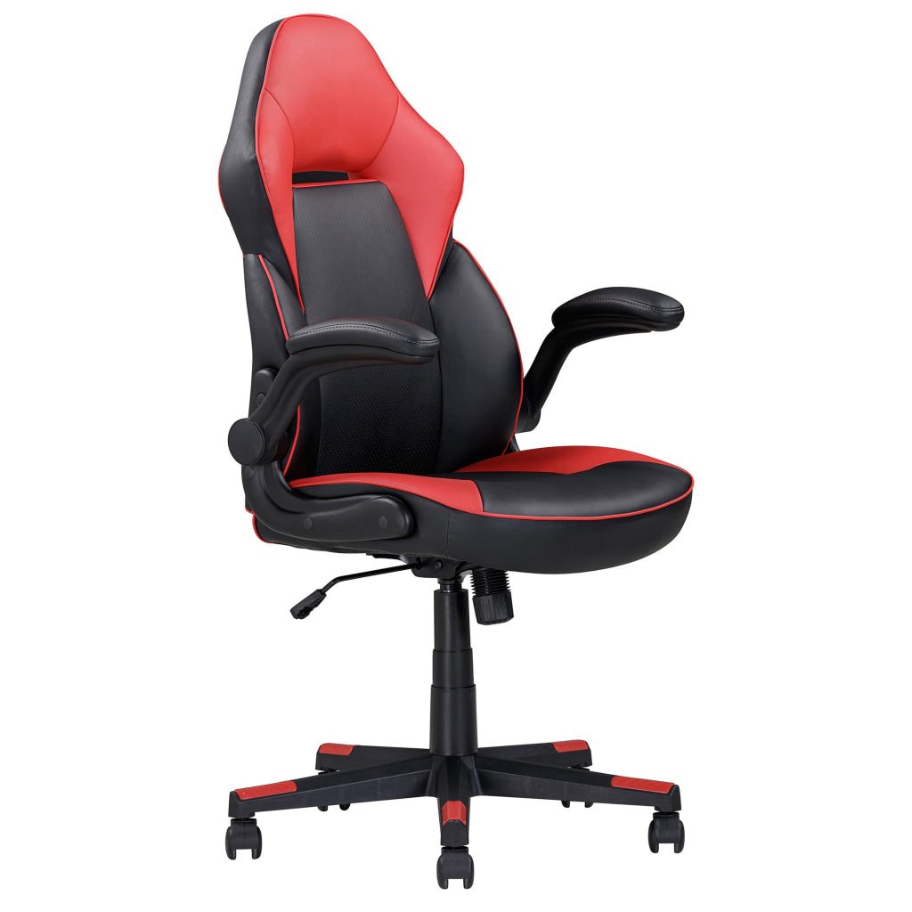 28 Inch Office Gaming Chair, 360 Degree Swivel, Black, Red Faux Leather By Casagear Home