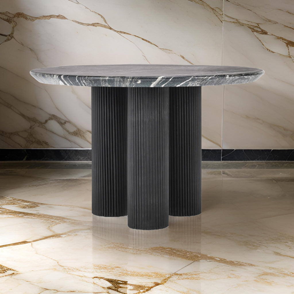 Rian 47 Inch Outdoor Dining Table, Round Black Glass Stone Top, Pedestal By Casagear Home