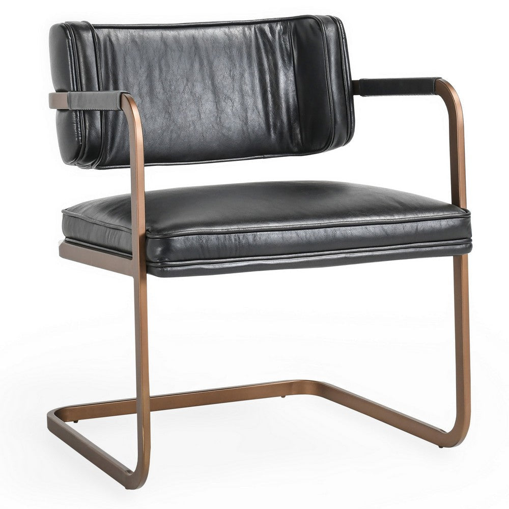 Fond 25 Inch Dining Chair Open Back Black Real Leather Cantilever Iron By Casagear Home BM314735